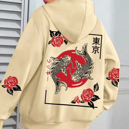 Tokyo Koi Fish Rose Harajuku Print Women Hoodie Loose Casual Hoody Autumn Multicolor Streetwear All-Match Fleece Clothes