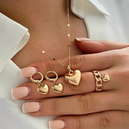 Korea New Hot Sale Peach Heart Pendant Earrings Necklace Rings Light Luxury Design Three-Piece Sets Trend Party Jewelry Gift Sets