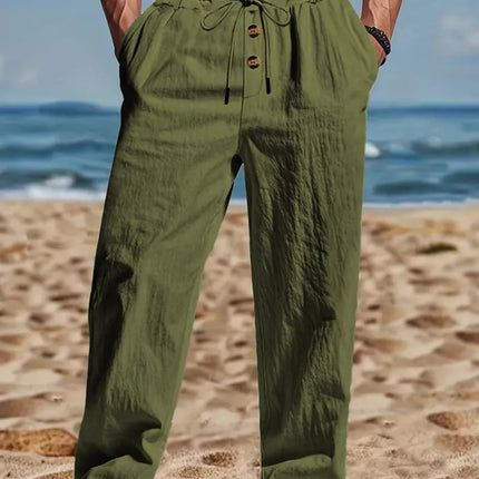 Cotton Linen Men's Lightweight Long Pants Summer Solid Breathable Loose Trousers Male Elastic Waist Casual Harajuku Trousers