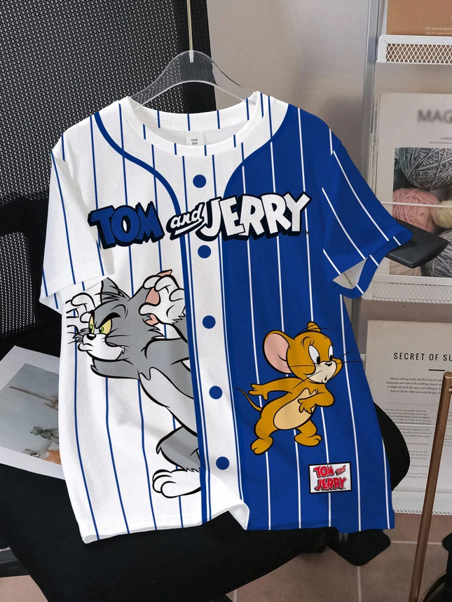 Summer Tom and Jerry Design Pattern Printed Children's Sweatshirts Casual Sports Short Sleeve Loose Round Neck Pullover T-shirts