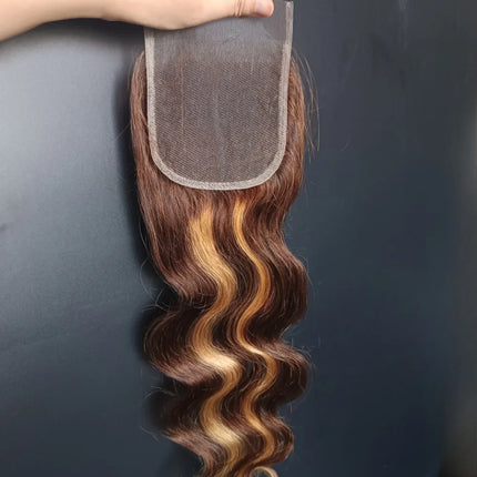 12A Grade P427 4x4 Lace Closure Highlight Body Wave Human Hair Closure Pre-Plucked 10-22 Inch Brazilian Virgin Hair Free Part