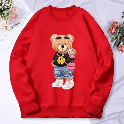 Bear Sister Drinking Milk Tea Printing Women'S Hoody Autumn Warm Fleece Sweatshirt Casual Hoodies Hip Hop Loose Pullovers Top
