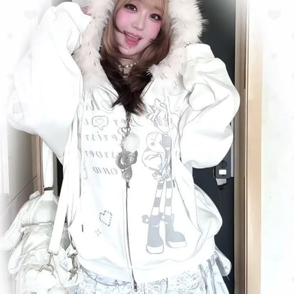 Y2K Japanese Kawai Faxu Fur Hoodies Subculture Streetwear Zipper Coat Cartoon Print Long Sleeve Retro Gothic Sweatshirts
