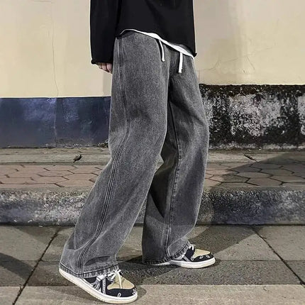 Men Elastic Drawstring Wide Leg Jeans Loose Straight High Waist Baggy Denim Pants Streetwear Hip Hop Trousers Spring