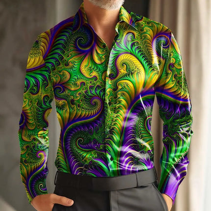 2026 Mardi Gras Men's Carnival Beads Mask with Feathers Shirt Long Sleeve Fashion Casual Party Holiday 3D Print Button Up Shirts