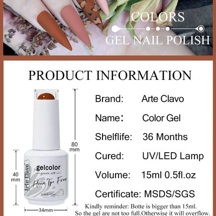 Arte Clavo Solid Color Gel Nail Polish 15ml Soak Off UV LED Gel Semi-Permanent Glitter Polish For Manicure Nail Art Salon Gel