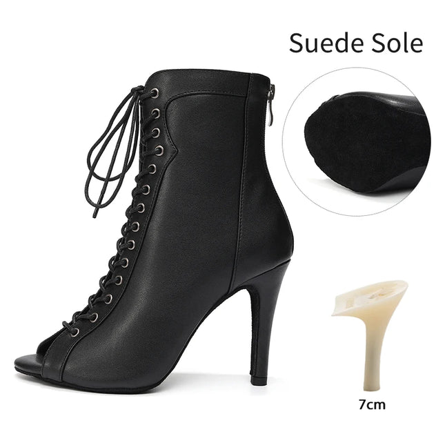 Woman Latin Dance Booties Open Toe Lace Up Stiletto Bootie for Women Suede Sole High Heels Beige Black Ankle Boots Dancing Shoes