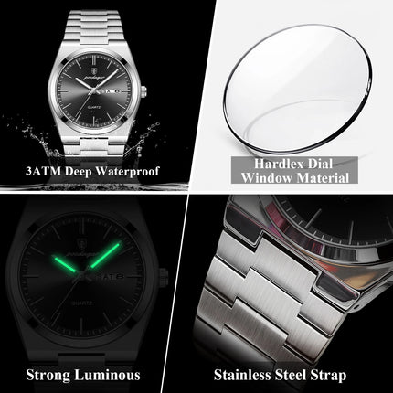 POEDAGAR Luxury Men Watch Stainless Steel Waterproof Luminous Men's Wristwatch Date Week Fashion Casual Men's Quartz Watches Reloj