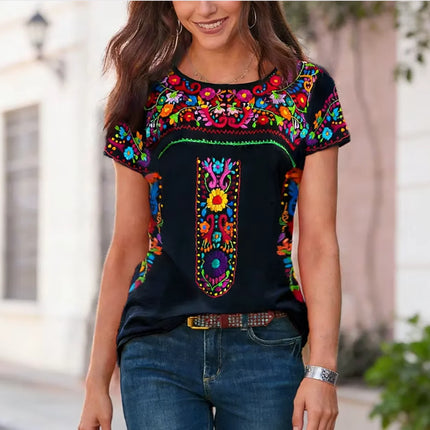 2026New European & American Women's Summer Collection | Bohemian Printed Crew Neck Short Sleeve T-Shirt