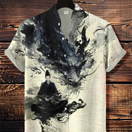 Men's short-sleeved shirt with samurai print and stylish ink painting design, summer casual men's top, trendy retro streetwear.