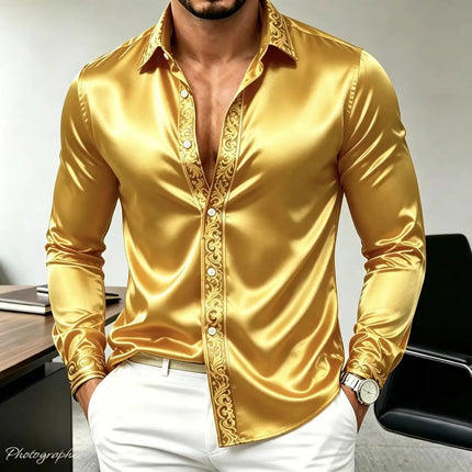 Men's Luxury Satin Silk Shirt Long Sleeve Gold Baroque Print Slim Fit Casual Business Party Dress Shirt Streetwear