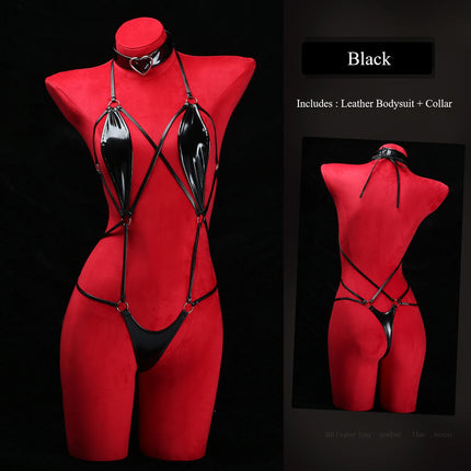 QQ Black Patent Leather Choker Wet Sexy Lingerie Bodysuits Erotic Crotchless Leather Jumpsuit Underwear Costumes Lingerie Set