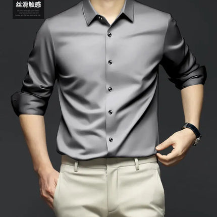 S-6XL Men's Long Sleeve Shirt Luxury Wrinkle Resistant Pure White Shirt Business Dress Casual Ice Silk Glossy Shirt