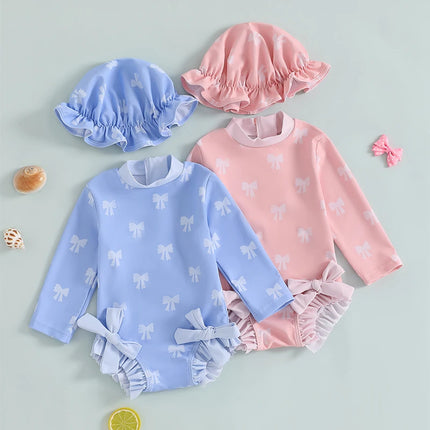 0-3Y Kids Baby Girl Rash Guard Swimsuits Lovely Bow Print Long Sleeve Ruffled Trim Romper Bathing Suit Infants Swimwear with Cap