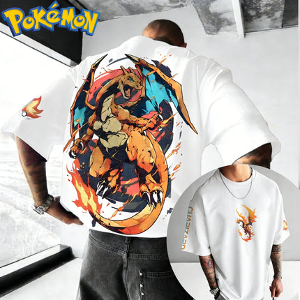 New Pokemon Cotton T Shirt with Charizard Front Print Blue Fire Wing Effects and Poke Ball Sleeve Logo Loose Fit Men Women