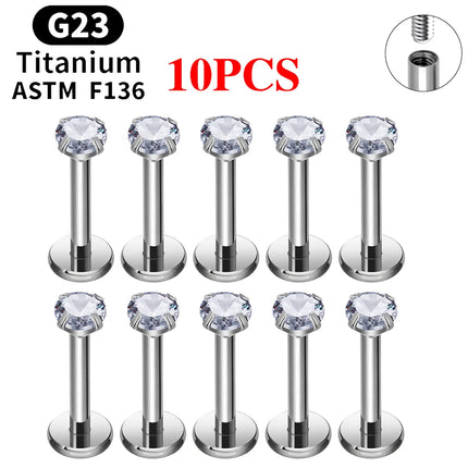 10/50PCS G23 Titanium Piercing Labret Lip Studs 16G CZ Internally Threaded Nose Septum Ring Eyebrow Tragus Cartilage Jewelry