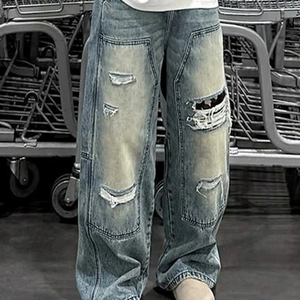Men's Jeans Man Pants Heavy Duty Washed Multi Pocket Carpenter Style Straight Loose Denim Trousers Casual Fit High Street