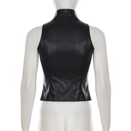 SUCHCUTE Retro Punk PU Leather Vest With Sleeve Cover Women Gothic Black Sleeveless Turtleneck Top Y2K Metal Decorative Clothing