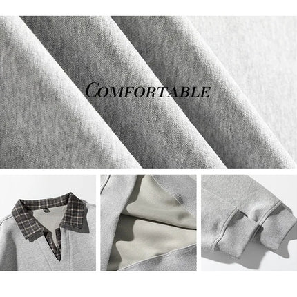 Retro Plaid Polo Neck Sweatshirt for Men and Women Heavyweight Cotton Soft Fake Two-Piece V-Neck Long Sleeve