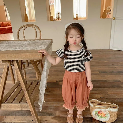 2024 Summer New Korean Style Baby Girls Striped T-shirts Bowknot Backless Puff Sleeve Tops Toddlers Kids Tees