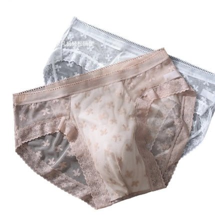 Men's Sexy Sheer Mesh Lace Briefs Cross Jacquard Embossed 3D Pouch Ice Cool Ultra Thin Low Rise Male Underwear