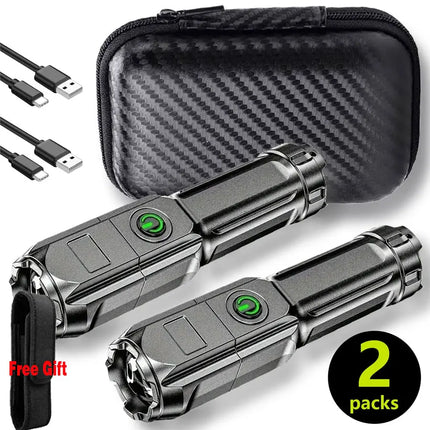 Powerful LED Camping Torch Flashlight High Power Rechargeable USB Waterproof Spotlight Telescopic Zoom Fishing Hunting Work Lamp