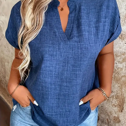 Plus Size 1XL-5XL Women's Fashion Notched V-Neck Batwing Sleeve Blouse Ladies Fashion Short Sleeve Solid Color Elegant Shirt