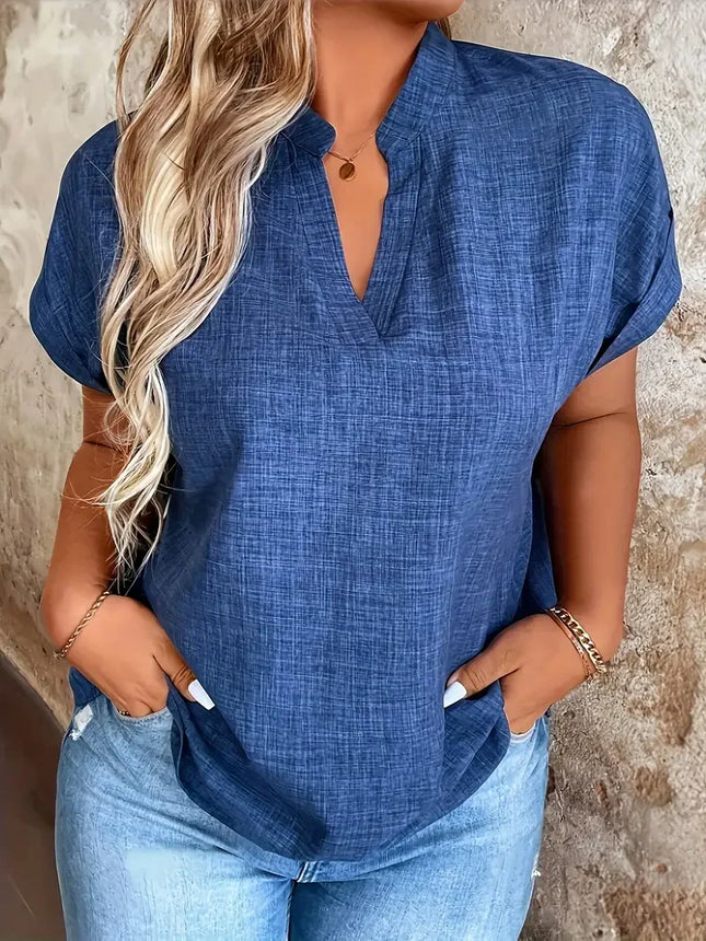 Plus Size 1XL-5XL Women's Fashion Notched V-Neck Batwing Sleeve Blouse Ladies Fashion Short Sleeve Solid Color Elegant Shirt