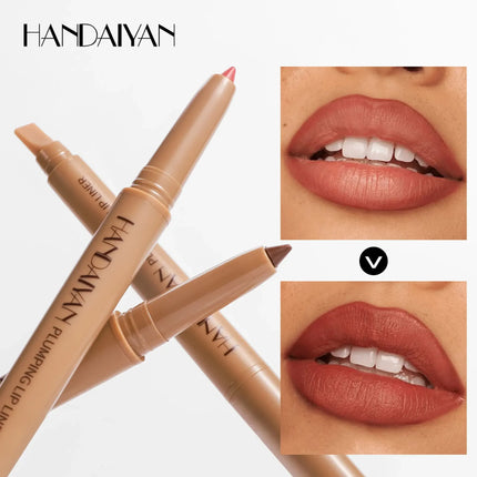 HANDAIYAN Double-Head Waterproof Lip Liner Pen Coffee Brown Outlines Lip Shape Full Lip Contour with Silicone Brush