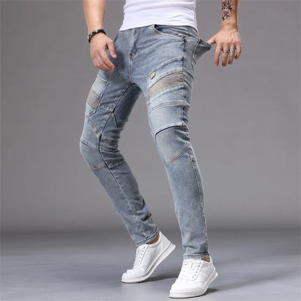 Men's Patchwork Skinny Ripped Jeans Fashion Trousers Elastic Slim Hole Biker Denim Pants Hip-hop Rock American Streetwear