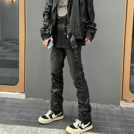 High Street Black Glue Wax Pants Women's Slim Fit Straight Leg Cat Whisker Jeans Streetwear Casual Denim Pants Men Clothing