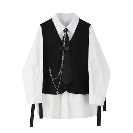 Men Women Gothic Shirt Suit Korean Loose Long-sleeved Blouse Functional Workwear Suit Vest Two-piece Set 2023 Spring Autumn Top