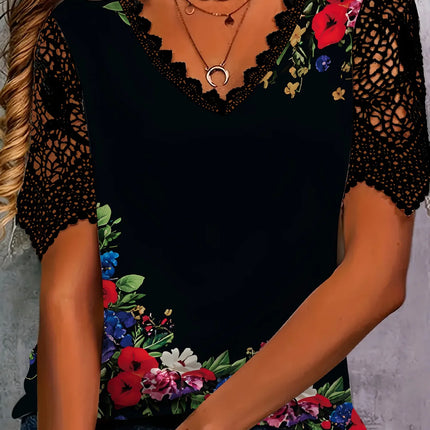 New Boho Flower Blouses Womens Fashion Shirt V-Neck Short Sleeve Flower Print Shirt Tops Casual Loose Ladies Floral Lace