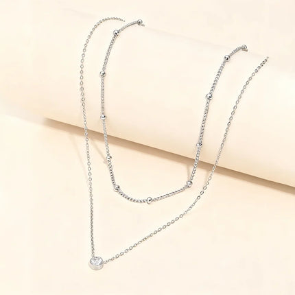 Stainless Steel Zirconia-Inlaid Pendant Double-Layer Necklace Ladies' Refined Luxury Elegant Layered Beaded Necklace Jewelry