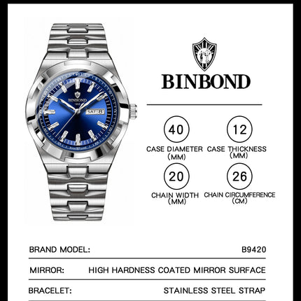 BINBOND New Luxury Quartz Men's Wristwatch Sport Men Watches Waterproof Luminous Date Week Stainless Steel Men's Watch Male Reloj