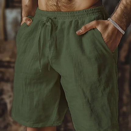 New Summer Men's Cotton Linen Shorts Comfortable Loose Fit Elastic Drawstring Waist Casual Beach Shorts Breathable