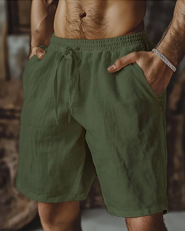 New Summer Men's Cotton Linen Shorts Comfortable Loose Fit Elastic Drawstring Waist Casual Beach Shorts Breathable