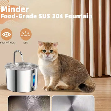 Stainless steel automatic pet water dispenser, 74 ounces/2.2 liters, with water level window for easy viewing of water level