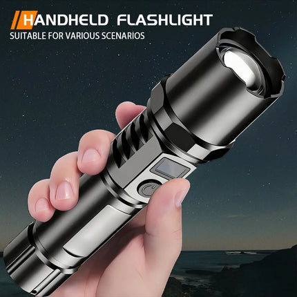 10000LM High Power LED Flashlight Long-range USB C Rechargeable Flashlight Power Display Zoom Lantern For Outdoor Camping Torch
