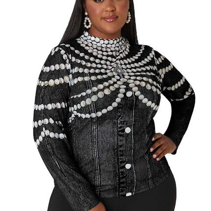 Tops Plus Size Woman Autumn Cute Long Sleeve Top Beads Printed Round Neck High Waist Shirts and Blouses Wholesale Dropshipping