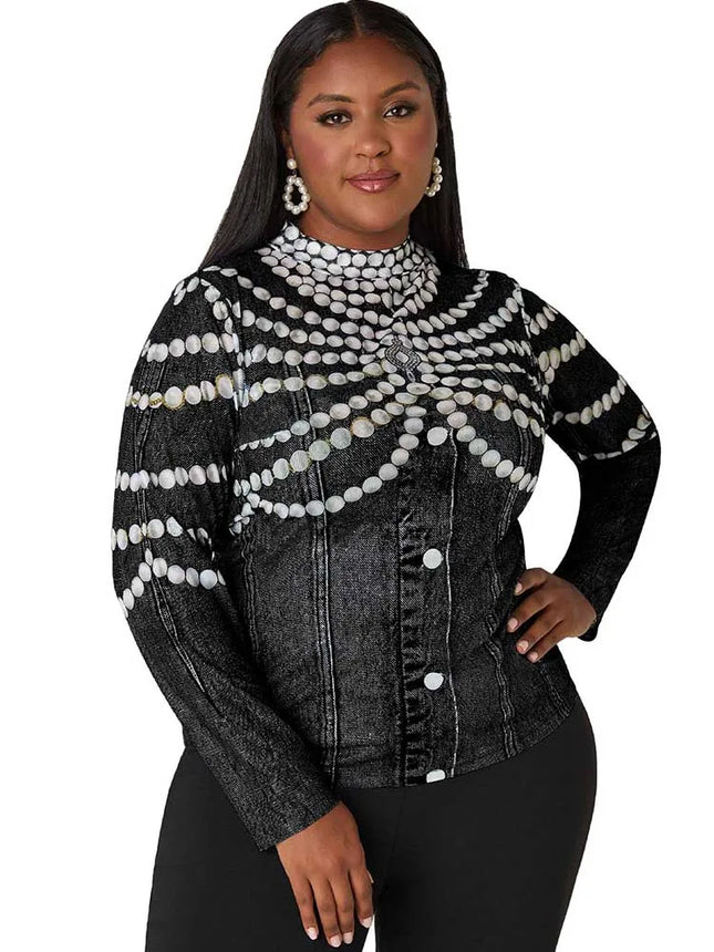 Tops Plus Size Woman Autumn Cute Long Sleeve Top Beads Printed Round Neck High Waist Shirts and Blouses Wholesale Dropshipping