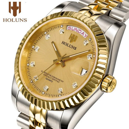 Holuns Luxury Classic 36/41mm Gold Men's Watches Japan MIYOTA Quartz Movt Stainless Steel Classic Business Wristwatch Waterproof