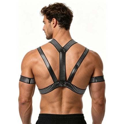 Sexy Men Harness with Armbands Set Erotic Bondage Lingerie Elastic Halter Body Belt Shiny O Ring Fetish Costumes