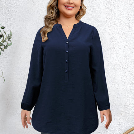 Plus Size Women's Solid Color V Neck Buttoned Long Sleeve Tunic Top Casual Slimming Daily Shirt