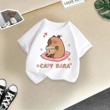 Summer Cartoon Capybara Pattern Print Children's Short-Sleeved Shirt Kid Fashion Cotton T-shirt Boy Girl Comfortable Top Clothes