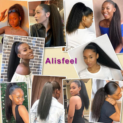 26 Inch Kinky Straight Ponytail Extension 100% Human Hair Drawstring Ponytail For Black Women Curly Pony Tails Hair Extensions