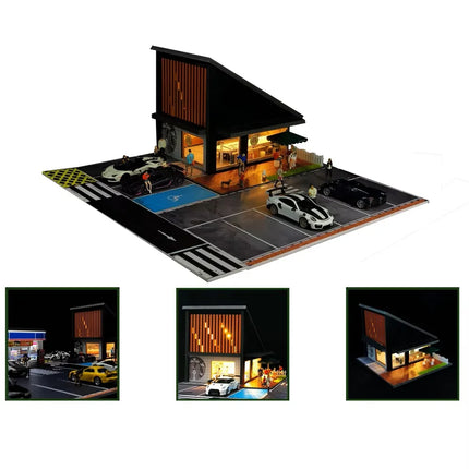 1:64 Scale Miniatures Building Scene Car Parking Lot Model Lighting Version Car Garage Diorama Models Simulation Collection Gift