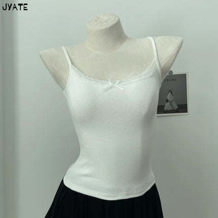 Sweet Floral Print Eyelet Bow Cropped Vests Women Cotton Casual Slim Lace Trim Tank Tops Vintage Preppy Style Cute Camisole Y2K