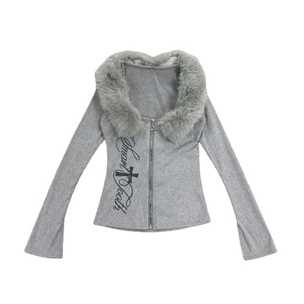 Spring new high street Harajuku style hooded sweatshirt with long sleeves and fur collar pattern printed slim fit waist jacket