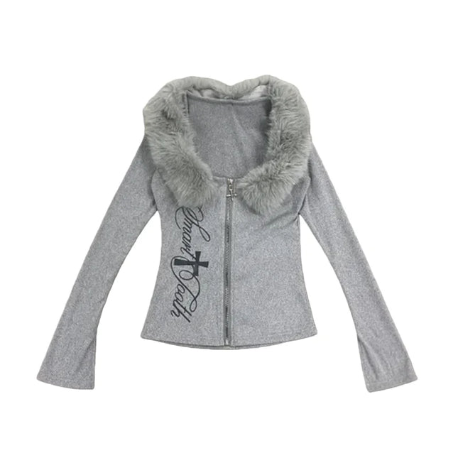 Spring new high street Harajuku style hooded sweatshirt with long sleeves and fur collar pattern printed slim fit waist jacket
